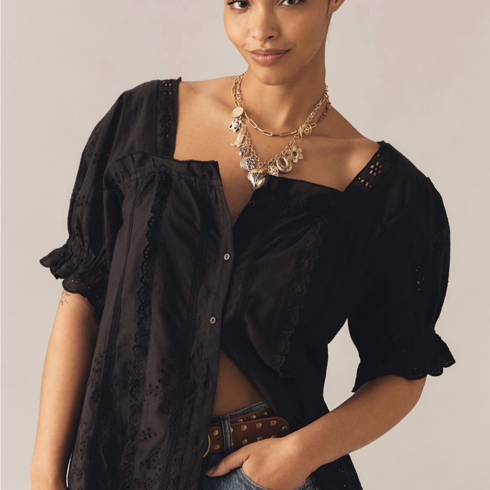Anthropologie Puff Sleeve Eyelet Top